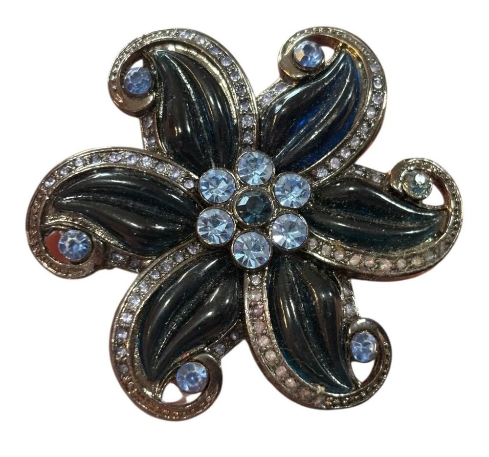 Vintage Blue Rhinestone Enamel Flower Brooch Dark Navy Petal Floral Statement